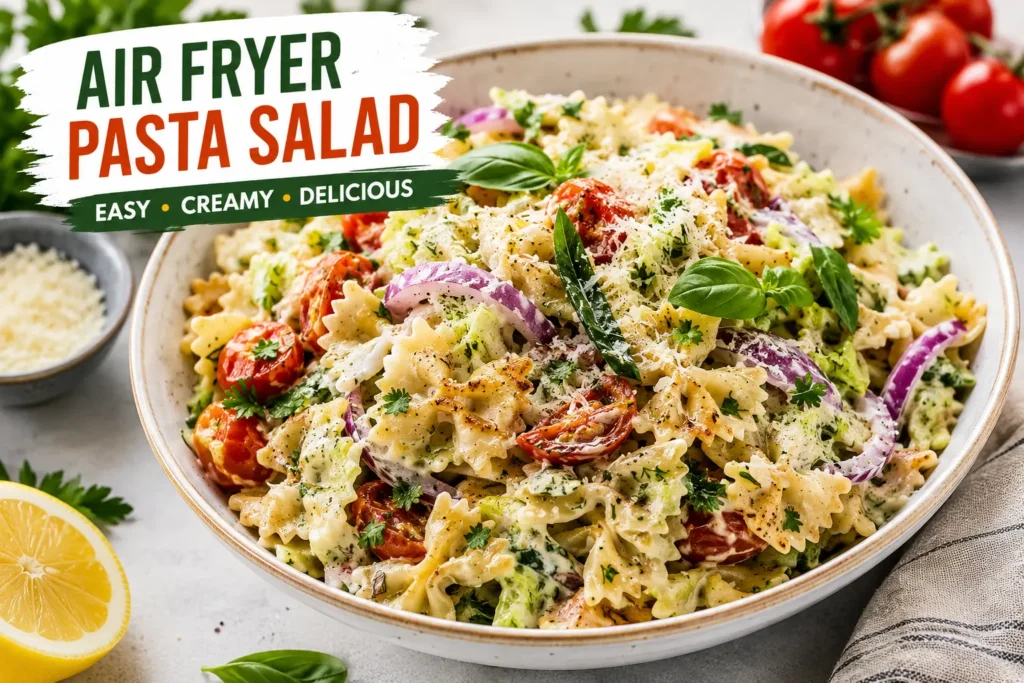 Air Fryer Pasta Salad with crispy vegetables, cherry tomatoes, fresh herbs, parmesan cheese, and creamy yogurt dressing
