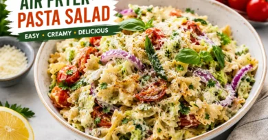 Air Fryer Pasta Salad with crispy vegetables, cherry tomatoes, fresh herbs, parmesan cheese, and creamy yogurt dressing