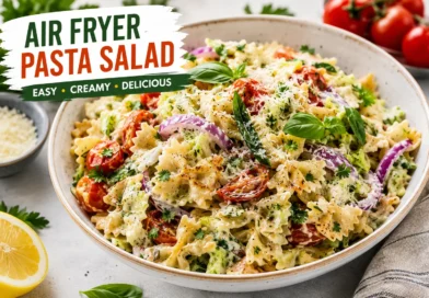 Air Fryer Pasta Salad with crispy vegetables, cherry tomatoes, fresh herbs, parmesan cheese, and creamy yogurt dressing