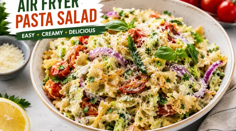 Air Fryer Pasta Salad with crispy vegetables, cherry tomatoes, fresh herbs, parmesan cheese, and creamy yogurt dressing