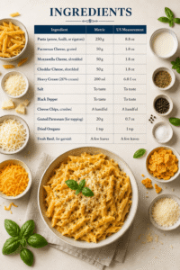 Ingredientes de la pasta con queso en air fryer con parmesano, mozzarella, cheddar, crema, orégano y albahaca fresca