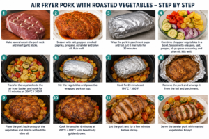 Step-by-step guide showing how to make air fryer pork with roasted vegetables, from seasoning and wrapping the pork to air frying and serving.