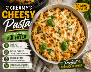 Ingredientes de la pasta con queso en air fryer con parmesano, mozzarella, cheddar, crema, orégano y albahaca fresca