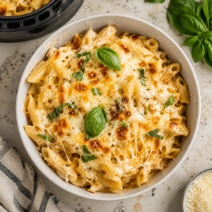 Ingredientes de la pasta con queso en air fryer con parmesano, mozzarella, cheddar, crema, orégano y albahaca fresca