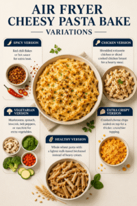 Ingredientes de la pasta con queso en air fryer con parmesano, mozzarella, cheddar, crema, orégano y albahaca fresca