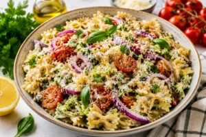 Air Fryer Pasta Salad with crispy vegetables, cherry tomatoes, fresh herbs, parmesan cheese, and creamy yogurt dressing.