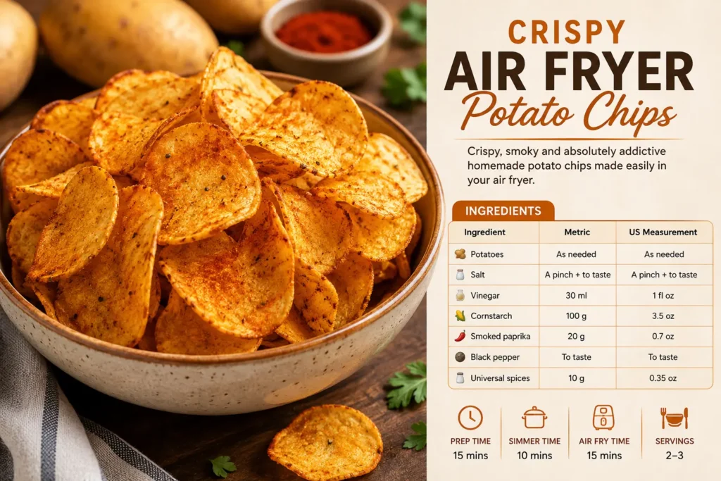 Crispy Air Fryer Potato Chips seasoned with smoked paprika and spices, served in a bowl with potatoes and seasoning in the background.