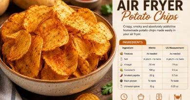 Crispy Air Fryer Potato Chips seasoned with smoked paprika and spices, served in a bowl with potatoes and seasoning in the background.
