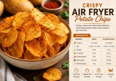 Crispy Air Fryer Potato Chips seasoned with smoked paprika and spices, served in a bowl with potatoes and seasoning in the background.