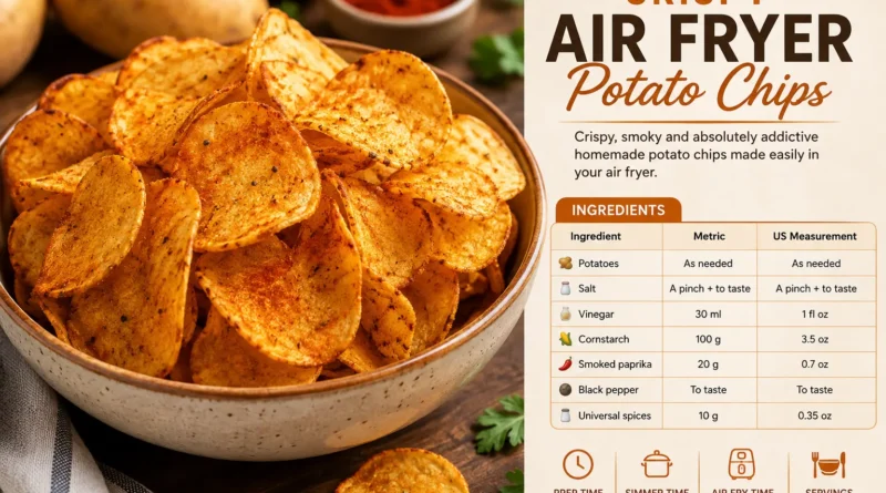 Crispy Air Fryer Potato Chips seasoned with smoked paprika and spices, served in a bowl with potatoes and seasoning in the background.