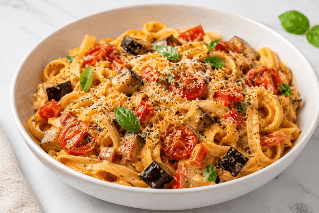 Pasta al forno cremosa con verdure arrosto in una ciotola bianca
