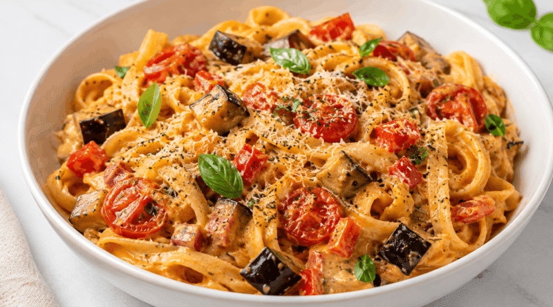 Pasta al forno cremosa con verdure arrosto in una ciotola bianca