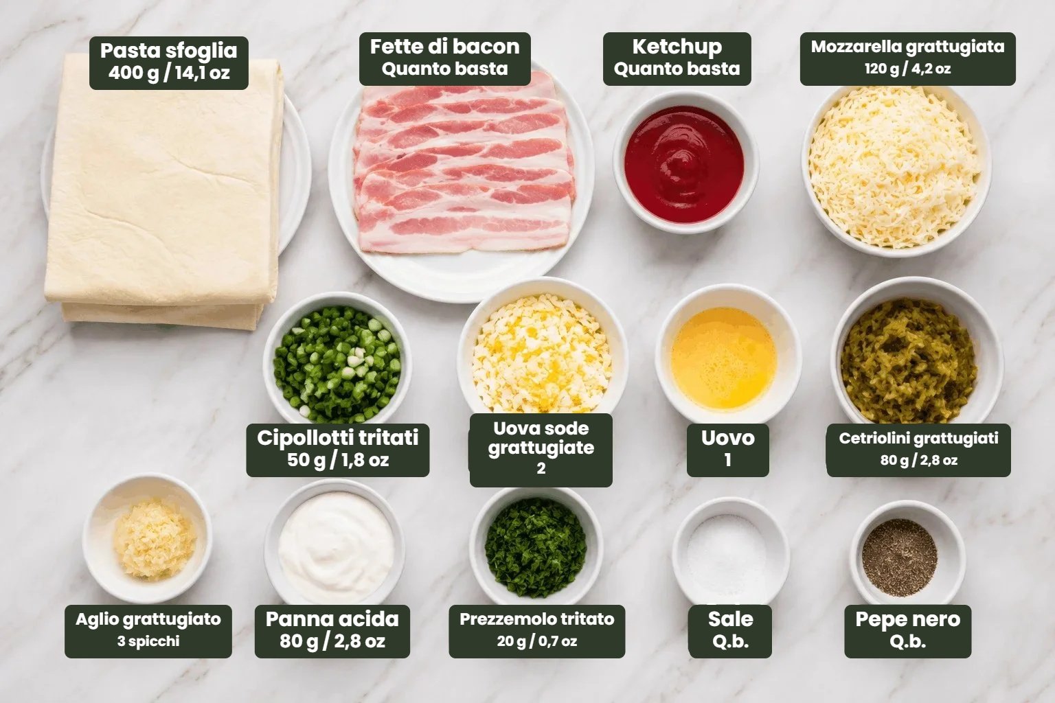 Ingredienti per gli involtini di pasta sfoglia al bacon in air fryer