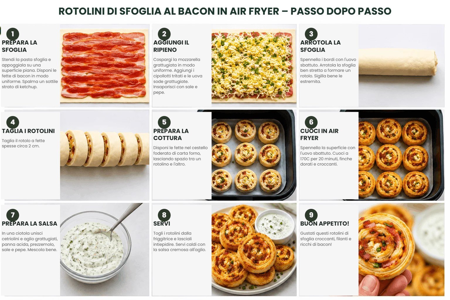 Guida passo dopo passo per preparare gli involtini di pasta sfoglia al bacon in air fryer