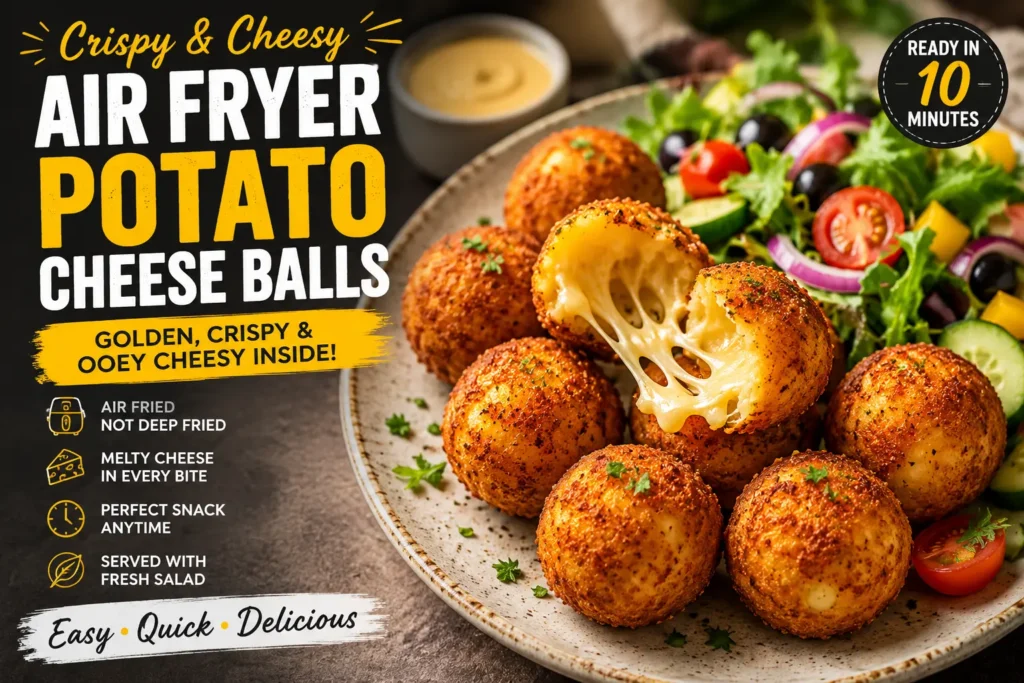 Crispy golden air fryer potato cheese balls served on a plate with a creamy dip, olives, cherry tomatoes, and fresh salad, ready in 10 minutes