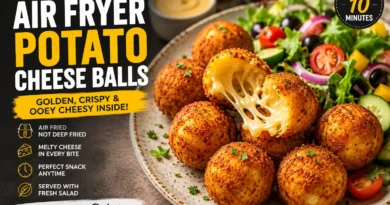 Crispy golden air fryer potato cheese balls served on a plate with a creamy dip, olives, cherry tomatoes, and fresh salad, ready in 10 minutes