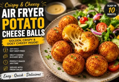 Crispy golden air fryer potato cheese balls served on a plate with a creamy dip, olives, cherry tomatoes, and fresh salad, ready in 10 minutes