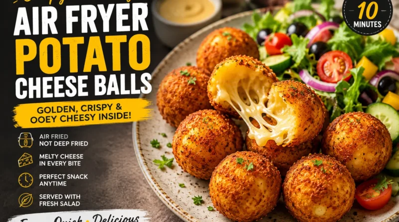 Crispy golden air fryer potato cheese balls served on a plate with a creamy dip, olives, cherry tomatoes, and fresh salad, ready in 10 minutes