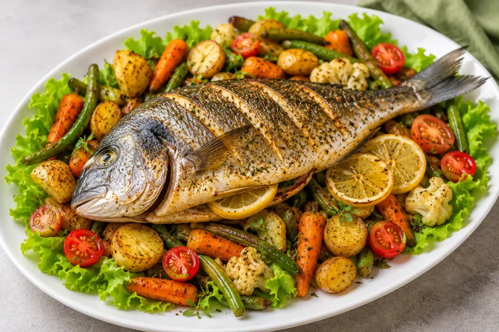 Dorado in friggitrice ad aria con verdure arrosto su piatto bianco