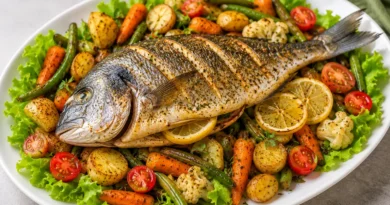 Dorado in friggitrice ad aria con verdure arrosto su piatto bianco