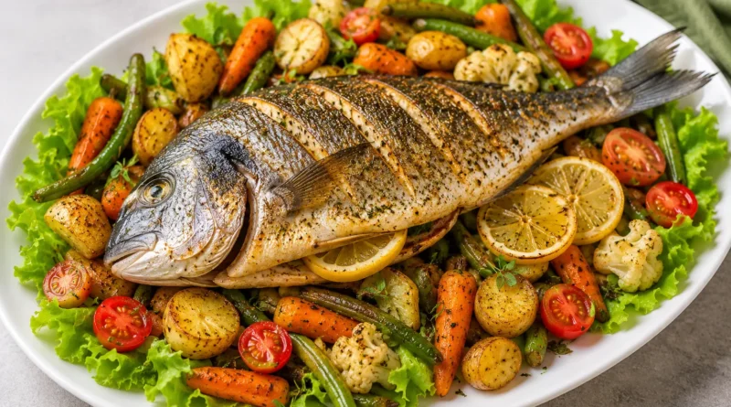 Dorado in friggitrice ad aria con verdure arrosto su piatto bianco