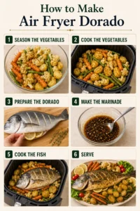 Step-by-step preparation of Air Fryer Dorado with seasoned vegetables, marinated fish and roasted vegetables