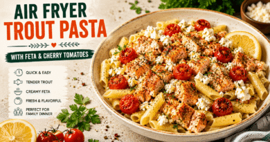 Air Fryer Trout Pasta with tender trout, penne pasta, creamy feta cheese, roasted cherry tomatoes, fresh herbs, and lemon.