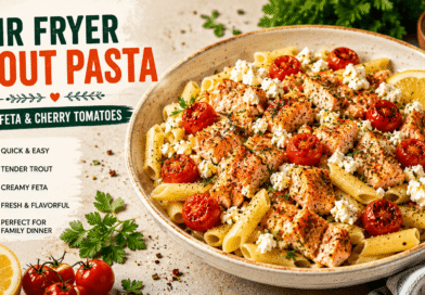 Air Fryer Trout Pasta with tender trout, penne pasta, creamy feta cheese, roasted cherry tomatoes, fresh herbs, and lemon.