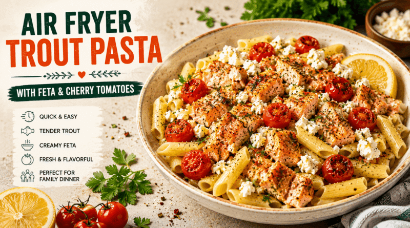 Air Fryer Trout Pasta with tender trout, penne pasta, creamy feta cheese, roasted cherry tomatoes, fresh herbs, and lemon.
