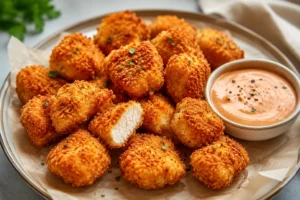 Air fryer chicken nuggets with a crispy golden-brown coating, tender juicy chicken inside, and homemade dipping sauce served on a plate