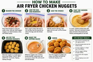 Step-by-step instructions for making crispy air fryer chicken nuggets, including seasoning, marinating with egg and starch, breadcrumb coating, air frying at 180°C (350°F), preparing dipping sauce, and serving.