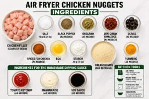 Air fryer chicken nuggets ingredients including diced chicken, breadcrumbs, egg, starch, turmeric, seasonings, olives, sun-dried tomatoes, and homemade dipping sauce ingredients.