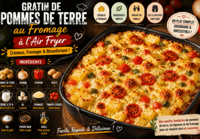Gratin de pommes de terre au fromage à l'Air Fryer, crémeux et doré avec tomates cerises et poivrons
