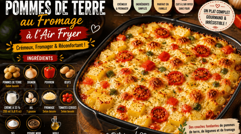 Gratin de pommes de terre au fromage à l'Air Fryer, crémeux et doré avec tomates cerises et poivrons