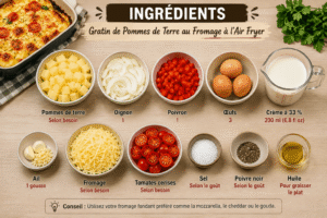Ingrédients pour gratin de pommes de terre au fromage à l'Air Fryer avec pommes de terre, oignon, poivron, œufs, crème, ail, fromage et tomates cerises