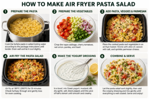 Step-by-step guide showing how to make Air Fryer Pasta Salad, including cooking farfalle pasta, preparing vegetables, adding Parmesan, air frying at 180°C, making creamy Greek yogurt dressing, and combining the ingredients.