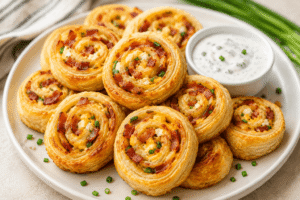 Cuộn bánh puff pastry bacon giòn vàng, ăn kèm nước sốt tỏi kem chua