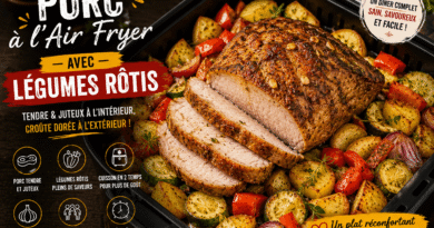 Porc à l’Air Fryer avec légumes rôtis, viande tendre et juteuse avec croûte dorée