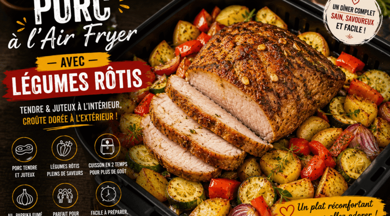 Porc à l’Air Fryer avec légumes rôtis, viande tendre et juteuse avec croûte dorée