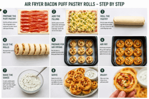 Hướng dẫn từng bước chuẩn bị, cuộn, cắt lát, chiên, và trình bày cuộn bánh puff pastry bacon giòn cùng nước sốt tỏi kem chua.