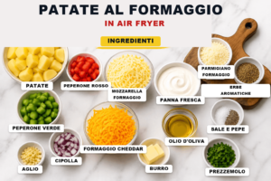 Ingredienti per le patate al formaggio in air fryer tra cui patate, cipolla, peperone, uova, panna, aglio, formaggio e pomodorini