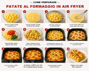Preparazione passo dopo passo delle patate al formaggio in air fryer con strati di patate, verdure, composto di uova e formaggio fuso