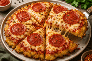 Crispy smashed potato pizza topped with tomato sauce, melted mozzarella and salami