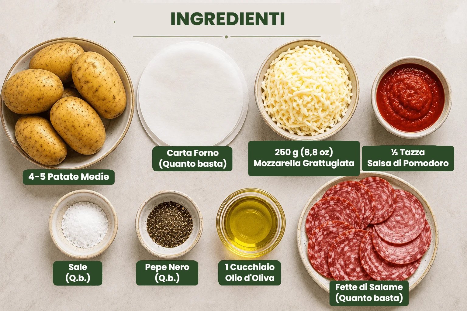 Ingredienti per la pizza di patate schiacciate in air fryer: patate, mozzarella, salsa di pomodoro, salame e olio d'oliva