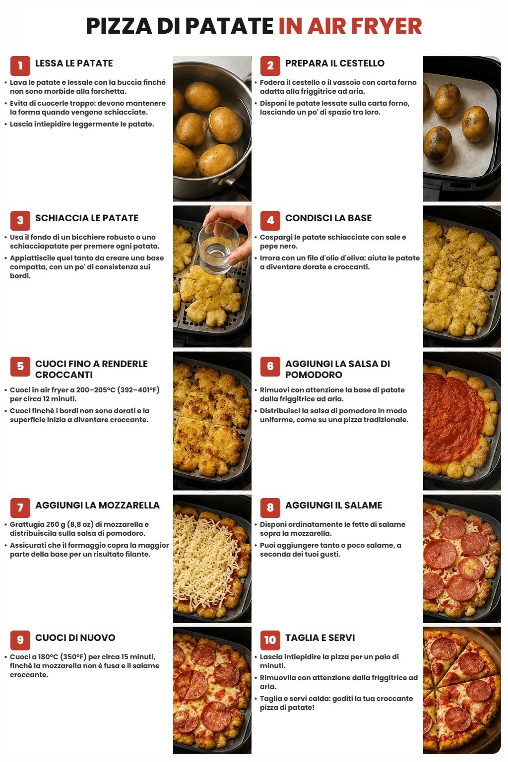 Guida passo dopo passo per preparare la pizza di patate schiacciate in air fryer: lessare, schiacciare, condire, rendere croccante, farcire con salsa di pomodoro, mozzarella e salame, poi cuocere e servire.