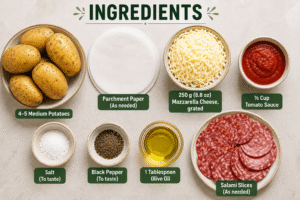 Ingredients for Air Fryer Smashed Potato Pizza including potatoes, mozzarella, tomato sauce, salami and olive oil