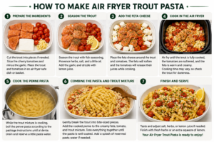step-by-step Air Fryer Trout Pasta recipe showing how to prepare and season trout, add feta and tomatoes, air fry the ingredients, cook penne pasta, combine everything, and serve with lemon and fresh herbs.