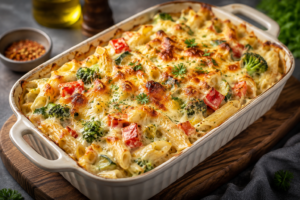“Creamy vegetable pasta bake ingredients including bell pepper, tomatoes, eggplant, red onion, cream cheese, basil, herbs, olive oil, tagliatelle pasta and Parmesan