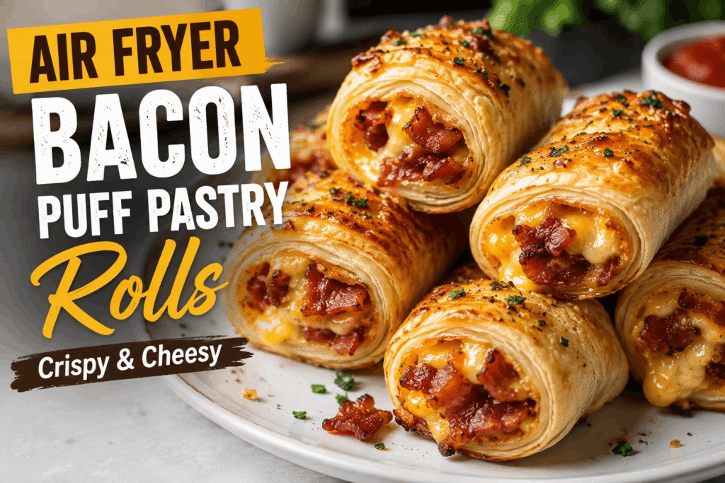 Air fryer bacon puff pastry rolls with crispy bacon and melted cheese