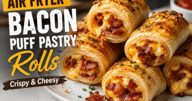 Air fryer bacon puff pastry rolls with crispy bacon and melted cheese